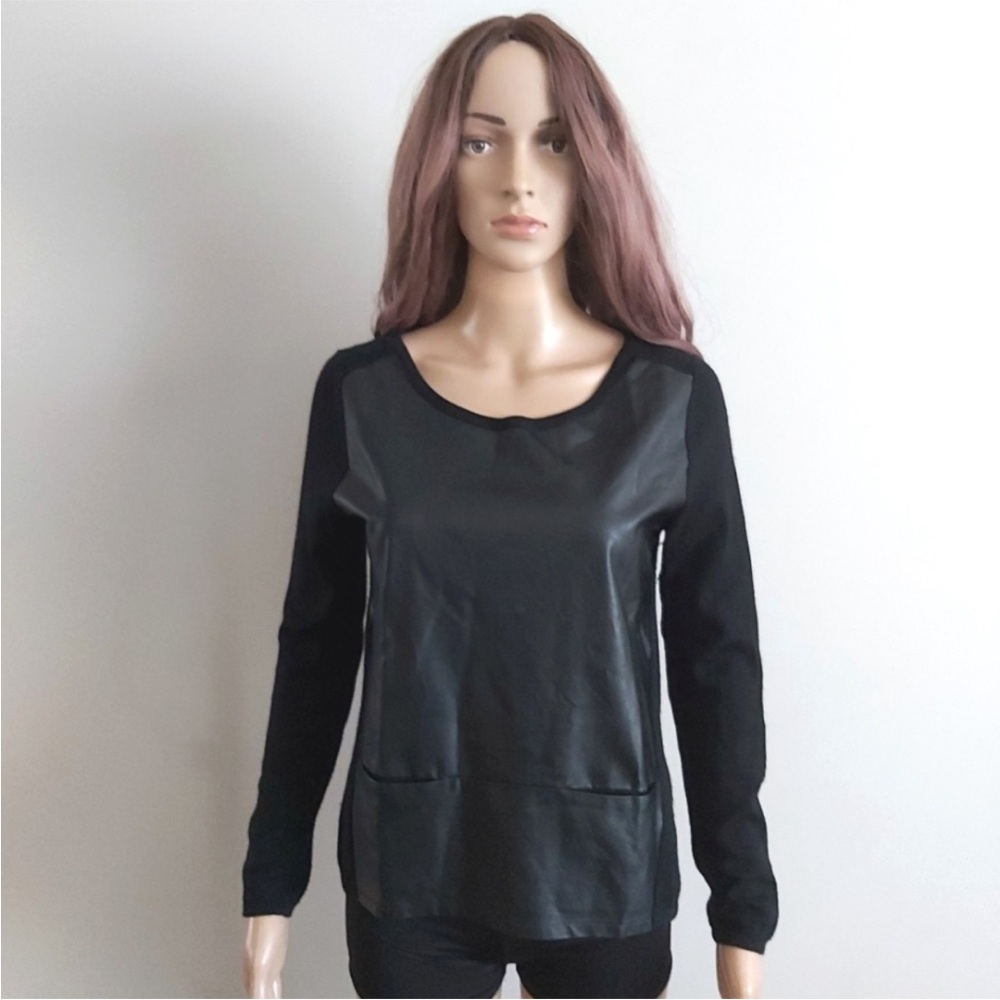 Sinequanone sweater top Small black Parisian wool faux leather long sleeves